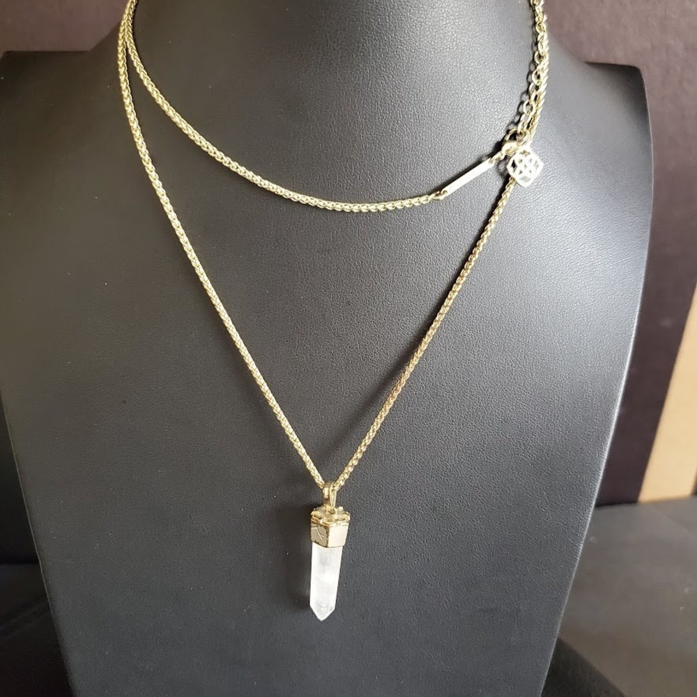 Kendra Scott Jayce‎ Long Rose Quartz Crystal Clear Gold Pendant Necklace Chain